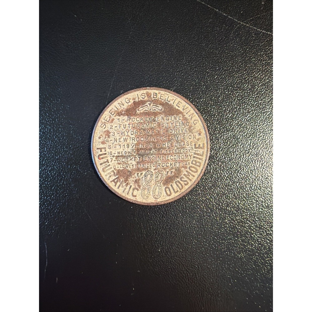 1949 OLDSMOBILE 88 DETROIT MICHIGAN ADVERTISING FUTURAMIC ROCKET ENGINEβ TOKEN